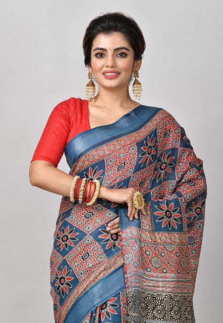 Ash Color Ajrak Printed Linen Cotton Saree (She Saree 861)