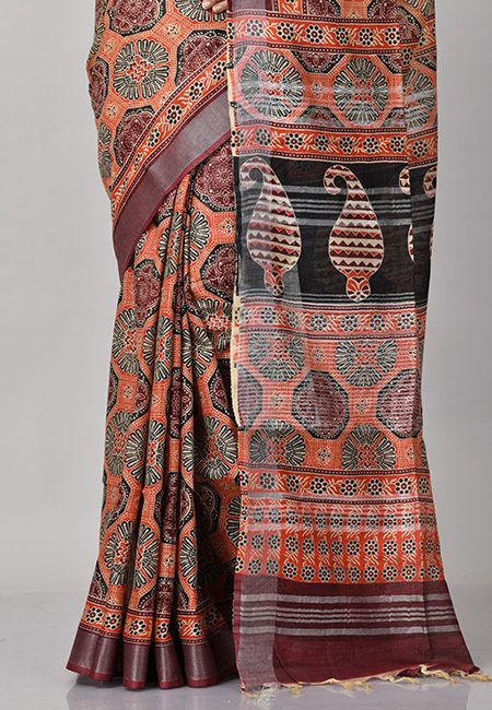 Rust Color Ajrak Printed Linen Cotton Saree (She Saree 862)