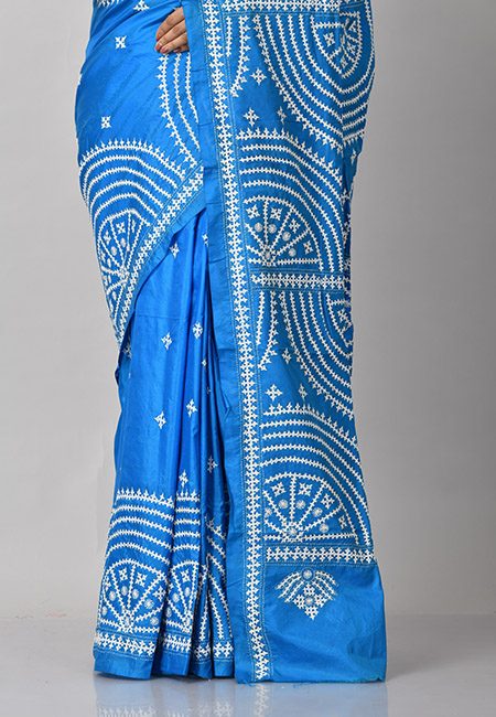 Peacock Blue Color Pure Gujrati Stitch Silk Saree (She Saree 879)