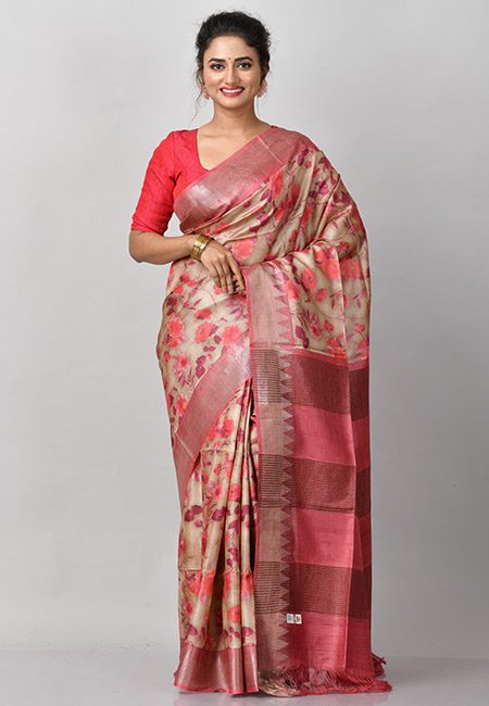 Deep Beige Color Printed Soft Pure Tussar Silk Saree (She Saree 885)