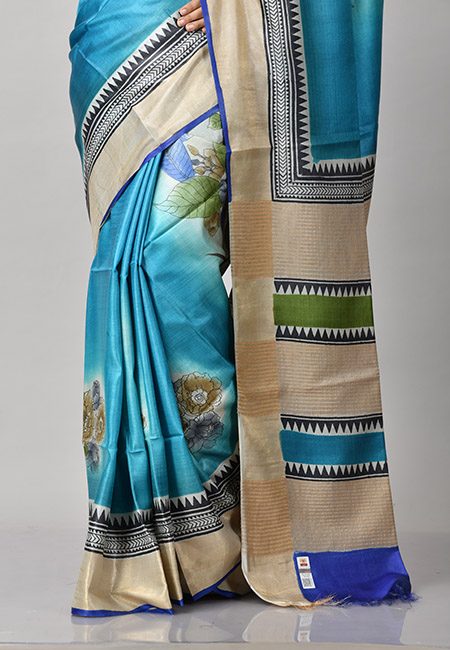 Peacock Blue Color Printed Pure Soft Tussar Silk Saree (She Saree 898)
