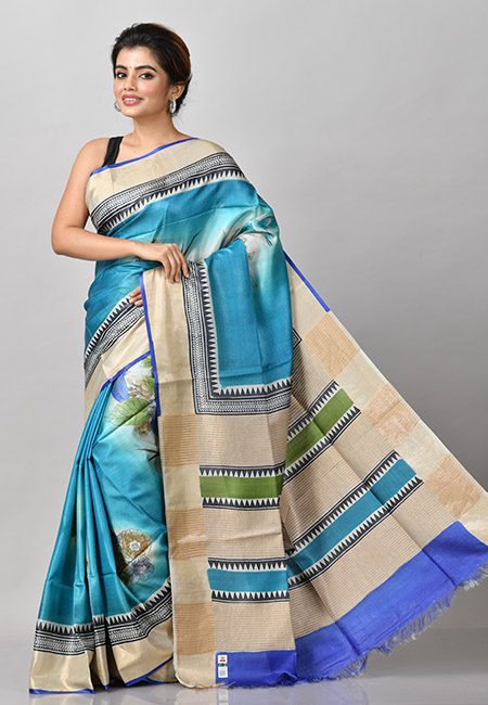 Peacock Blue Color Printed Pure Soft Tussar Silk Saree (She Saree 898)