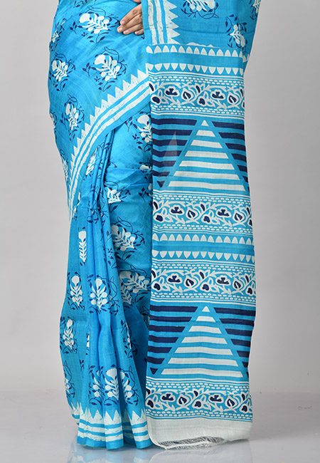 Peacock Blue Color Printed Soft Pure Silk Saree (She Saree 905)
