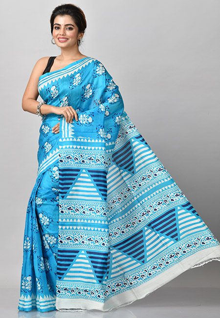 Peacock Blue Color Printed Soft Pure Silk Saree (She Saree 905)