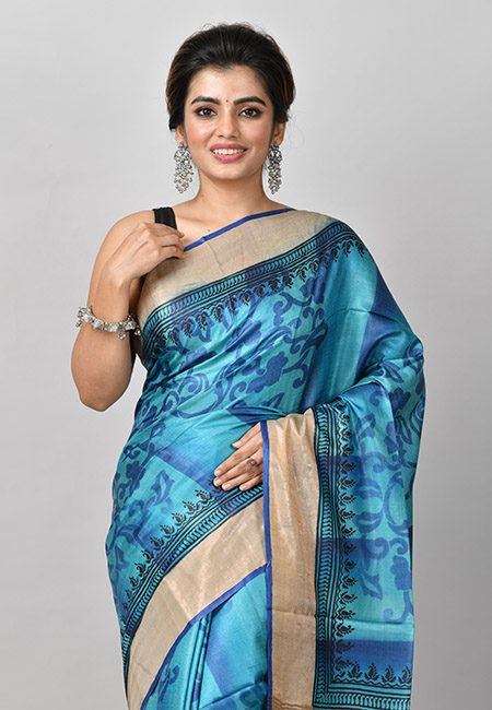 Peacock Blue Color Printed Pure Soft Tussar Silk Saree (She Saree 915)