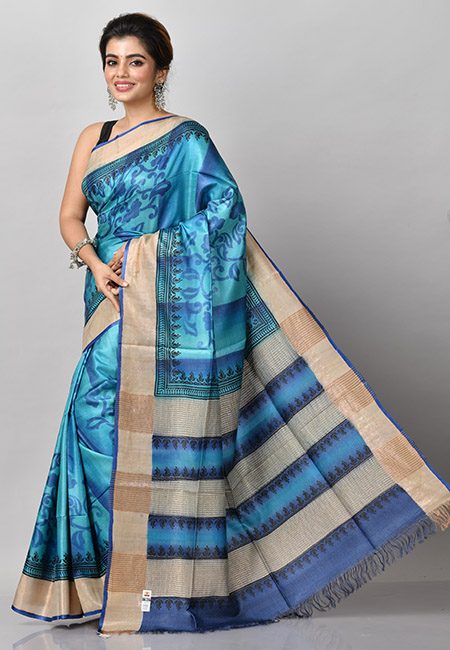 Peacock Blue Color Printed Pure Soft Tussar Silk Saree (She Saree 915)