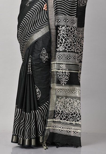 Black Color Printed Linen Cotton Saree (She Saree 920)