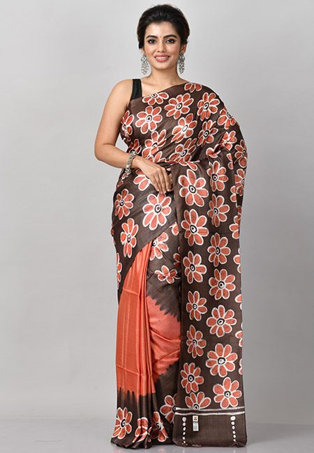 Chocolate Brown And Rust Color Printed Pure Soft Tussar Silk Saree (She Saree 922)