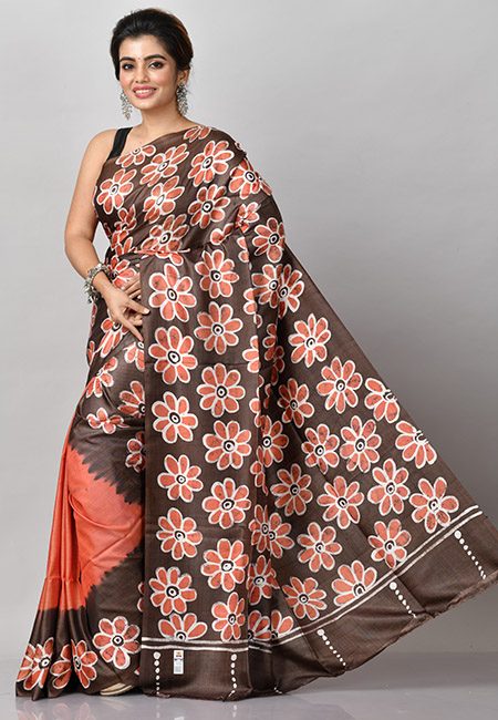 Chocolate Brown And Rust Color Printed Pure Soft Tussar Silk Saree (She Saree 922)