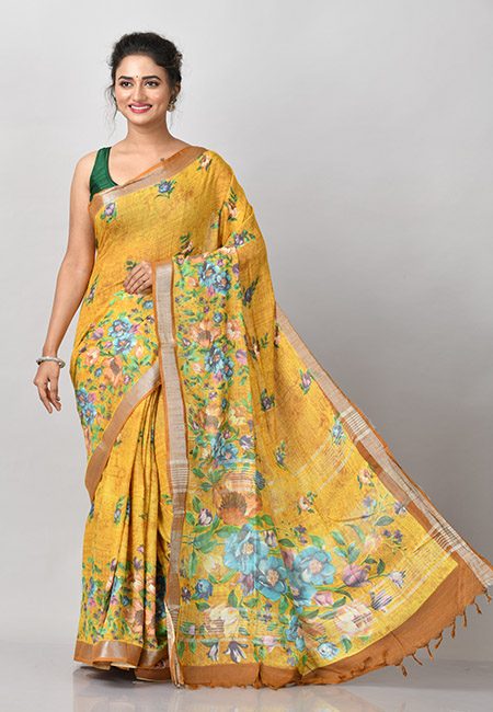 Mustard Color Printed Linen Cotton Saree (She Saree 929)