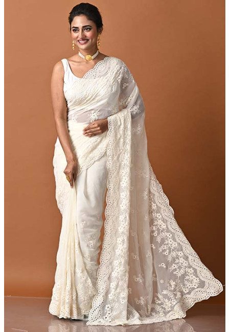 Off White Color Designer Embroidery Party Wear Chiffon Saree (She Saree 1834)