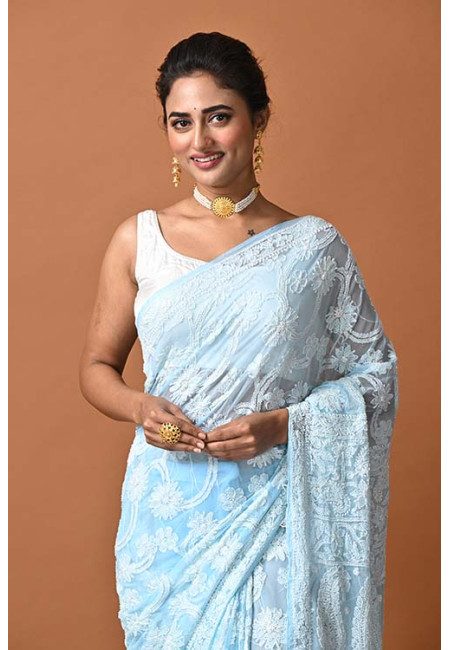 Fresh Air Blue Color Hand Embroidery Pure Lucknow Chikankari Saree (She Saree 1835)
