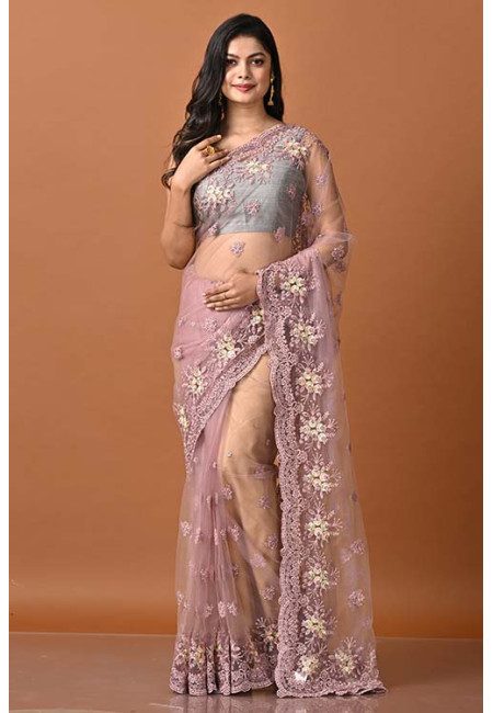 Pastel Pink Color Party Wear Designer Embroidery Net Saree (She Saree 1949)