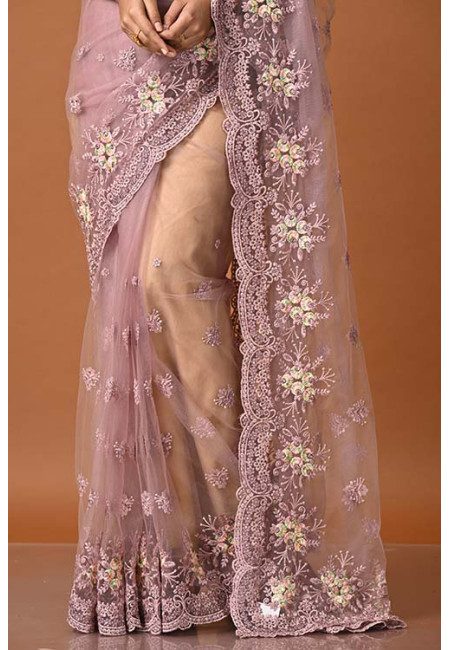Pastel Pink Color Party Wear Designer Embroidery Net Saree (She Saree 1949)