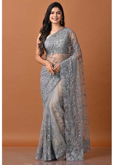 Taupe Grey Color Party Wear Designer Embroidery Net Saree (She Saree 1950)