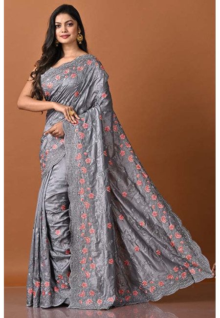 Deep Grey Color Party Wear Embroidery Satin Silk Saree (She Saree 1952)