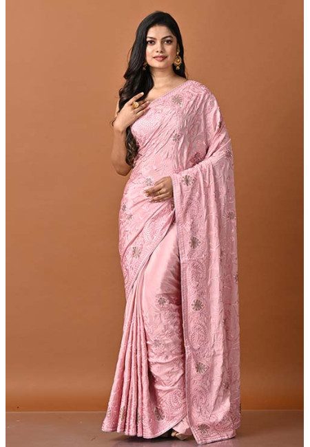 Rosy Pink Color Designer Embroidery Chinnon Saree (She Saree 1956)