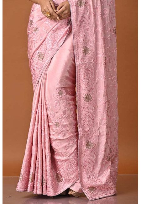Rosy Pink Color Designer Embroidery Chinnon Saree (She Saree 1956)