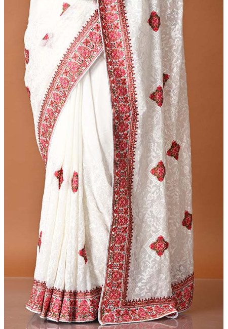 White Color Designer Embroidery Party Wear Chiffon Saree (She Saree 1822)