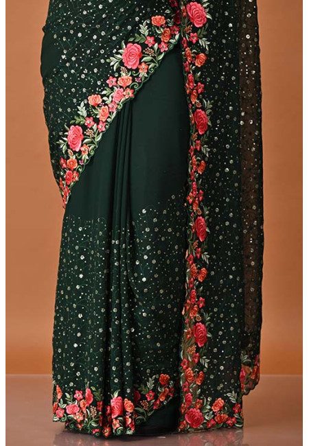 Bottle Green Color Party Wear Designer Embroidery Chiffon Saree (She Saree 1978)