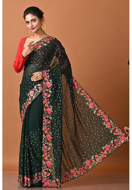 Bottle Green Color Party Wear Designer Embroidery Chiffon Saree (She Saree 1978)