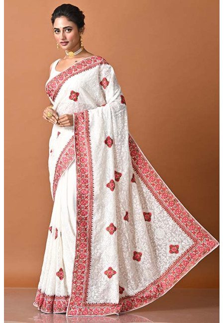 White Color Designer Embroidery Party Wear Chiffon Saree (She Saree 1822)