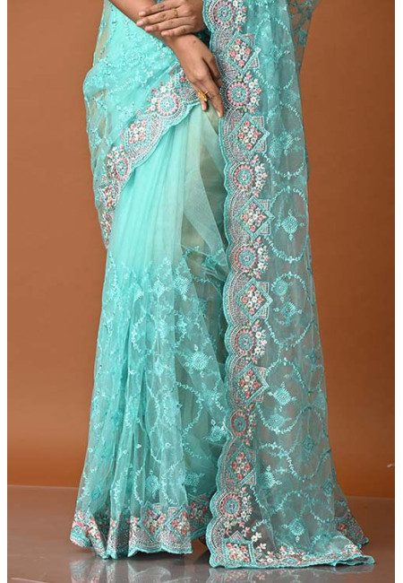 Middle Blue Green Color Party Wear Designer Embroidery Net Saree (She Saree 1841)