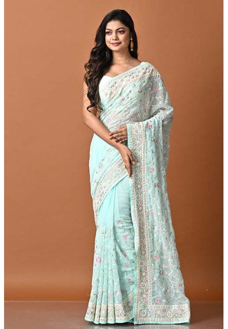 Light Cyan Green Color Embroidery Party Wear Georgette Saree (She Saree 1842)