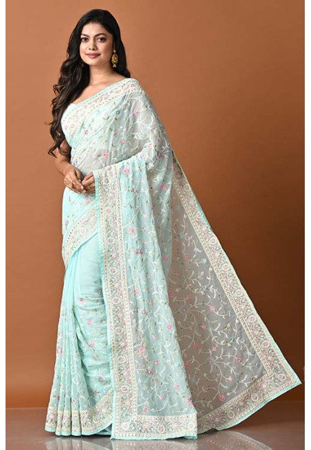 Light Cyan Green Color Embroidery Party Wear Georgette Saree (She Saree 1842)