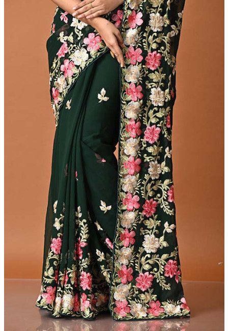 Medium Jungle Green Color Designer Embroidery Chiffon Saree (She Saree 1843)