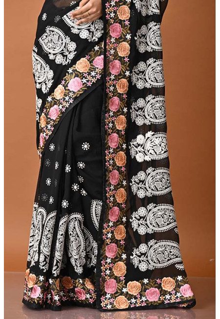 Black Color Designer Embroidery Chiffon Saree (She Saree 1844)