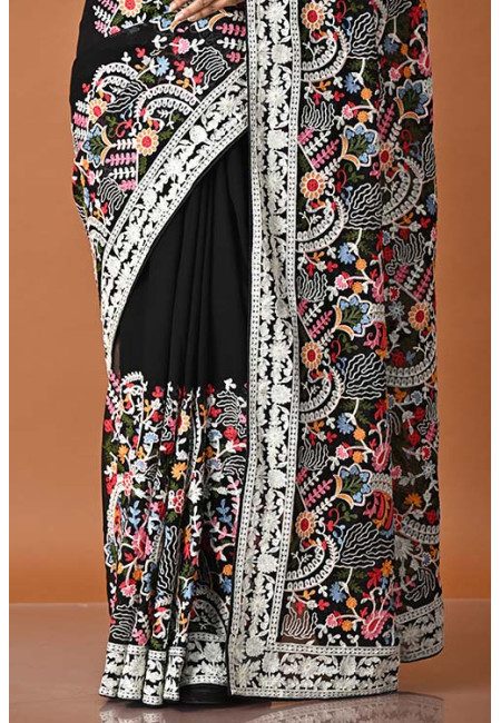 Black Color Designer Embroidery Party Wear Chiffon Saree (She Saree 1823)