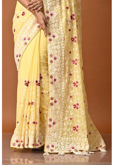 Lemon Yellow Color Designer Embroidery Chiffon Saree (She Saree 1851)