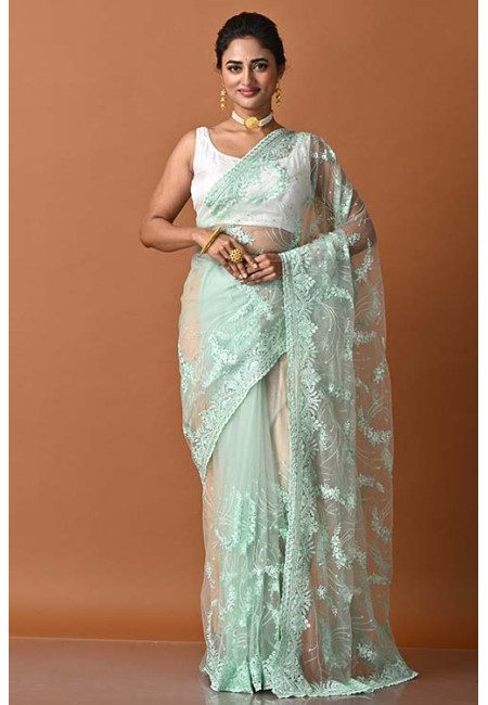 Jet Stream Green Color Party Wear Designer Embroidery Net Saree (She Saree 1824)