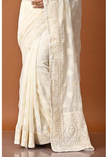 Off White Color Designer Embroidery Chiffon Saree (She Saree 1854)