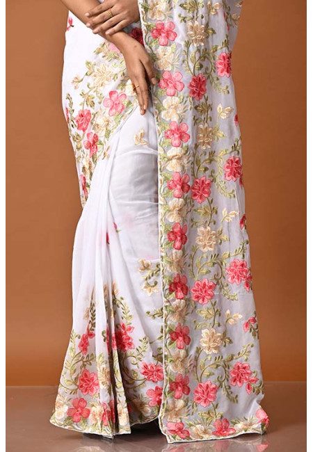 White Color Designer Embroidery Chiffon Saree (She Saree 1855)