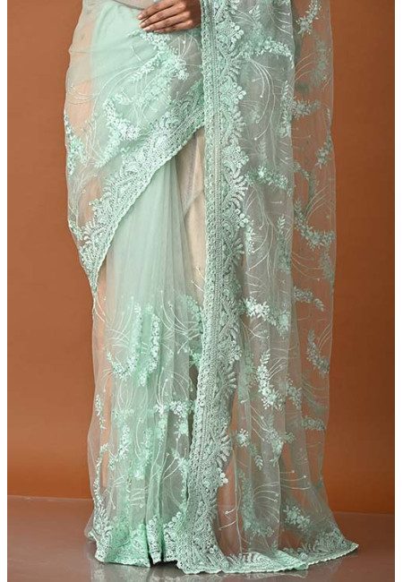 Jet Stream Green Color Party Wear Designer Embroidery Net Saree (She Saree 1824)