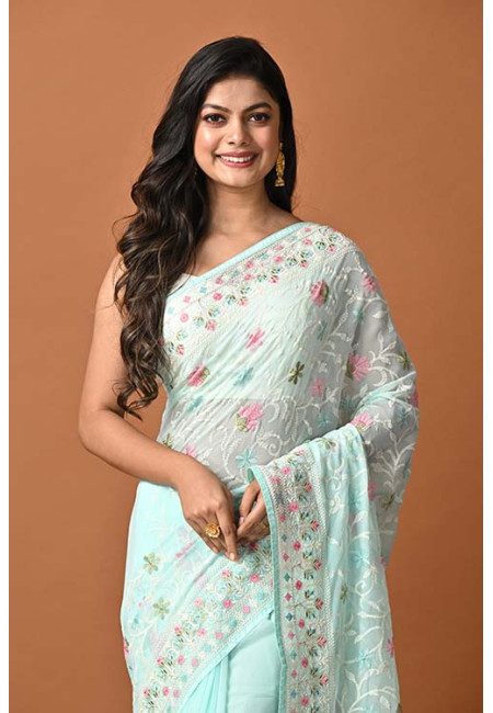 Columbia Blue Color Party Wear Designer Embroidery Georgette Saree (She Saree 1857)