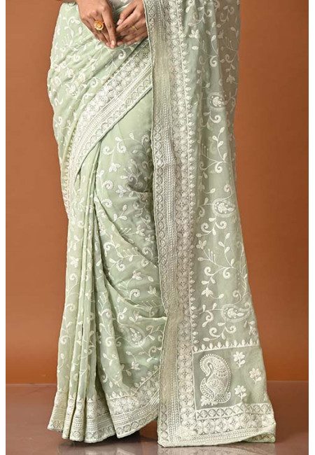 Pastel Green Color Designer Embroidery Chiffon Saree (She Saree 1858)
