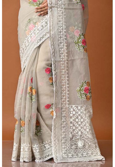 Light Grey Color Party Wear Embroidery Organza Saree (She Saree 1860)