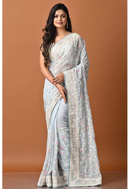 Columbia Blue Color Embroidery Party Wear Georgette Saree (She Saree 1861)