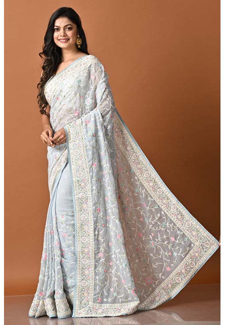 Columbia Blue Color Embroidery Party Wear Georgette Saree (She Saree 1861)
