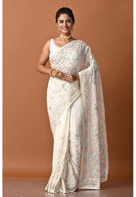 Off White Color Embroidery Party Wear Georgette Saree (She Saree 1825)
