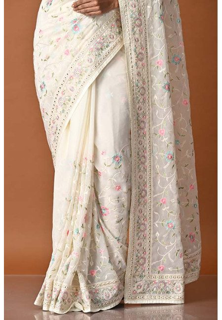 Off White Color Embroidery Party Wear Georgette Saree (She Saree 1825)