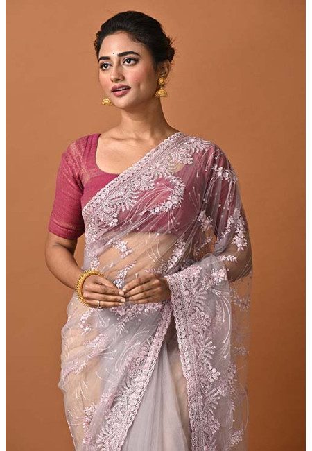 Lilac Luster Lavender Color Party Wear Designer Embroidery Net Saree (She Saree 1873)
