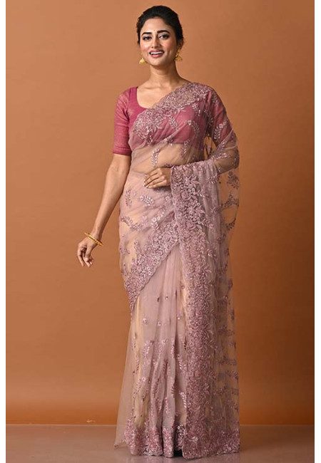 Old Rose Lavender Color Party Wear Designer Embroidery Net Saree (She Saree 1874)