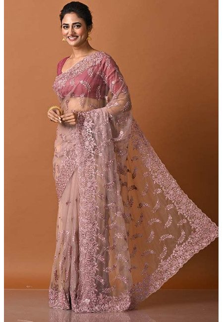 Old Rose Lavender Color Party Wear Designer Embroidery Net Saree (She Saree 1874)