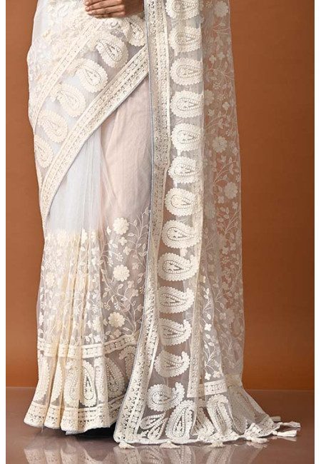 White Color Designer Embroidery Chiffon Saree (She Saree 1826)