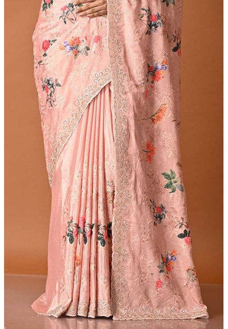 Spanish Pink Color Digital Printed Embroidery Crepe Silk Saree (She Saree 1877)