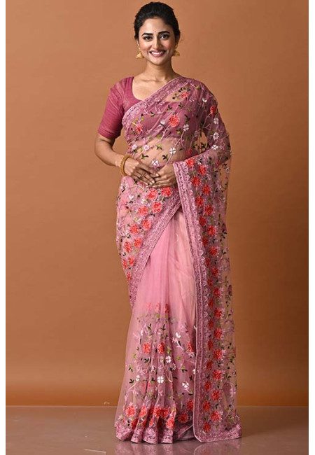 Puce Pink Color Party Wear Designer Embroidery Net Saree (She Saree 1878)